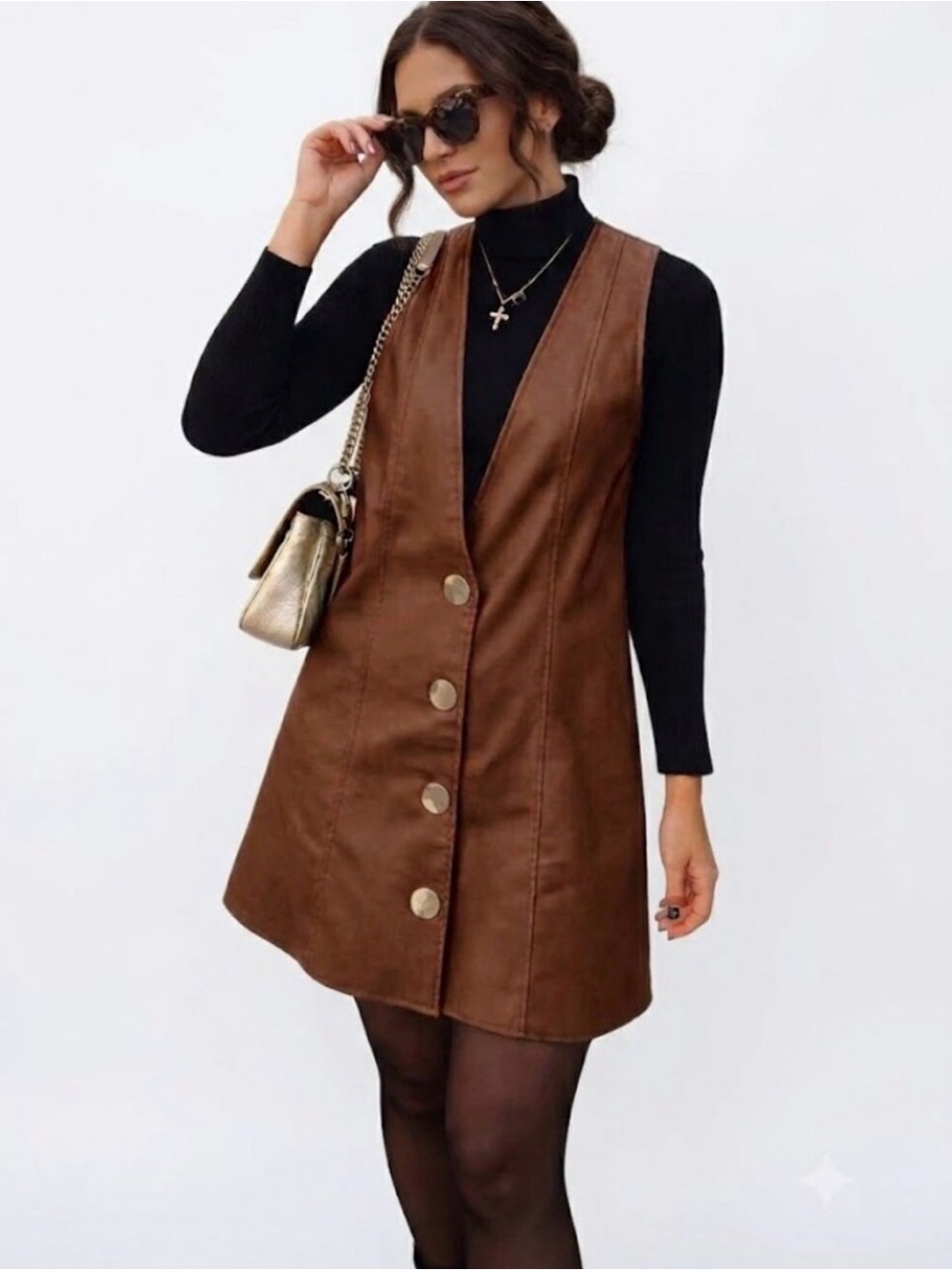 Zara Brown Faux Leather Button-Front Vest Pinafore Dress Size XS - Picture 3 of 15